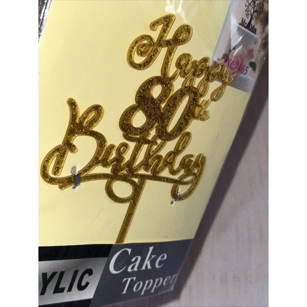 80th Birthday Cake Topper Double Side Glitter Gold Birthday Decorations NEW